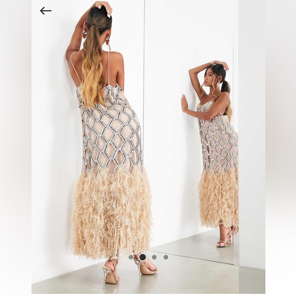 ASOS Edition Beige and Silver Sequin Dress w Feathers